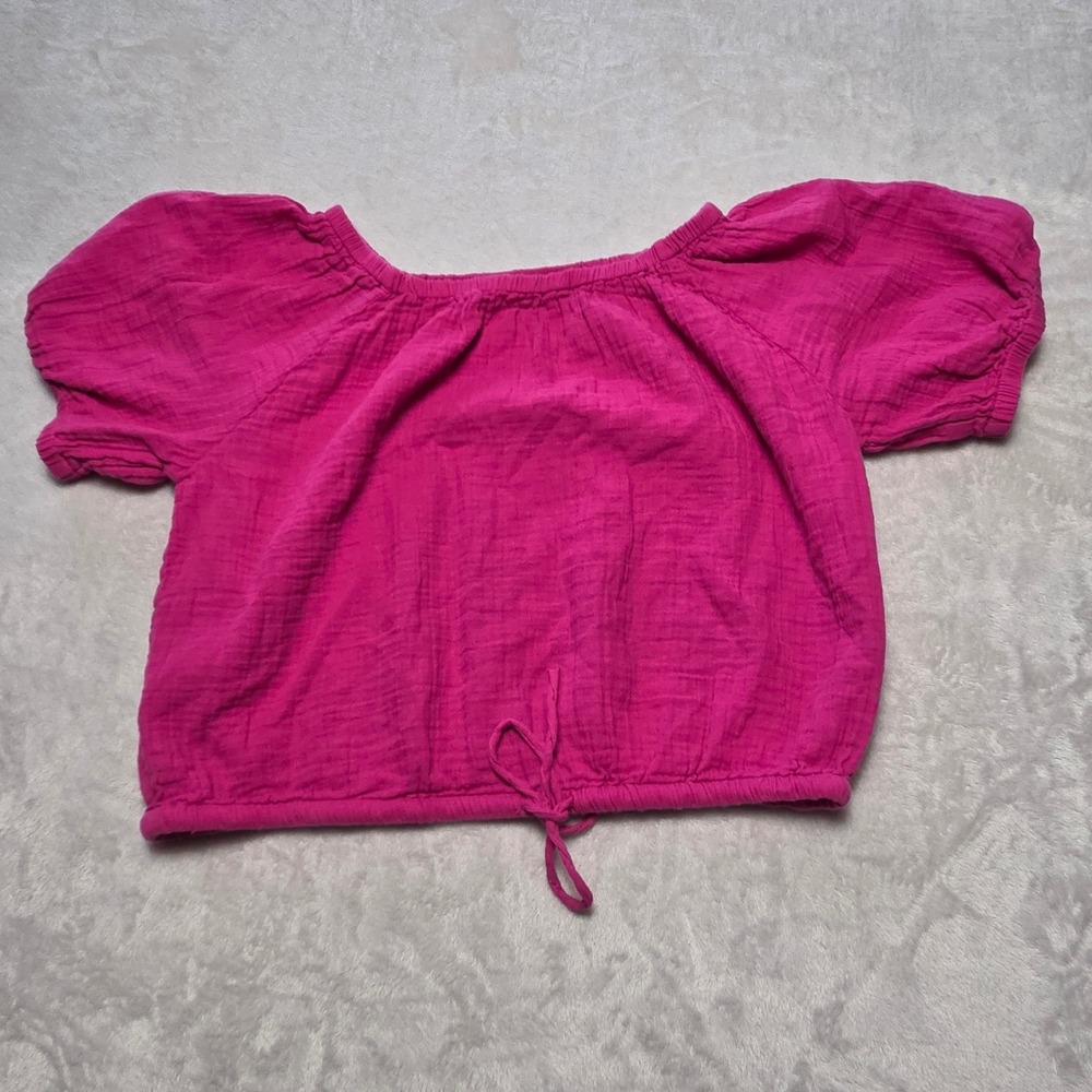 GAP SS Gauze Cinch Top Bright Fuchsia Pink Cotton Puff Sleeve S Festival Boho